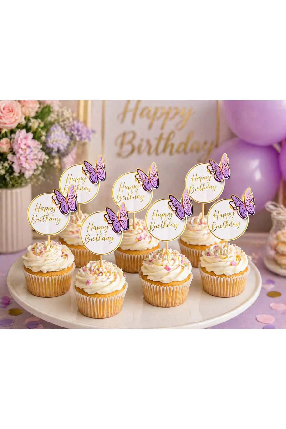 Happy Bırdday Mor Kelebekli Doğum Günü Kürdanı ,pasta Süsü 15 'li