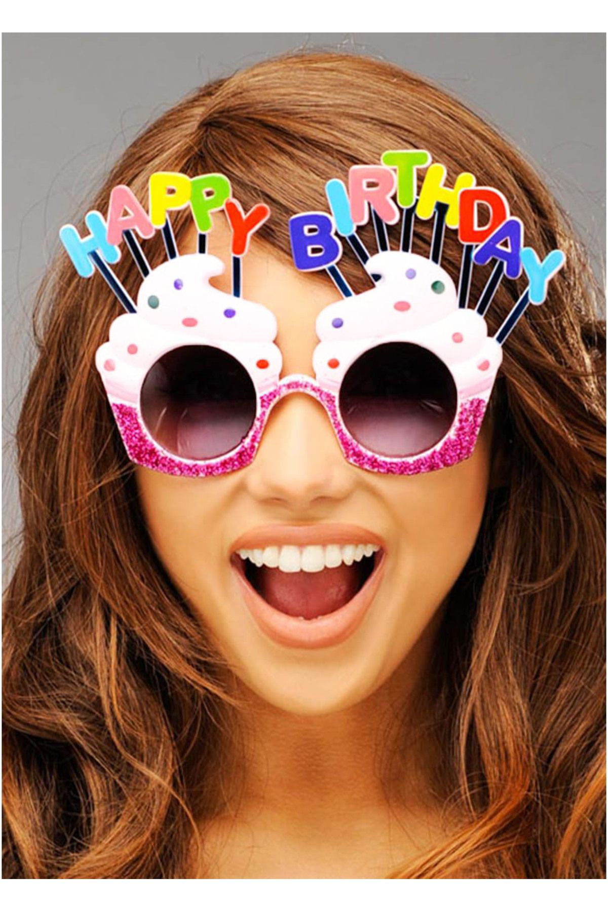 Ok Aksesuar Happy Birthday Yazili Beyaz Fuşya Renk Parti Gözlüğü 12X7 Cm  Go5