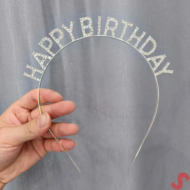 Happy Birthday Doğum Günü Tacı - Gümüş Kristal Taşlı İthal A Kalite 17x16 cm