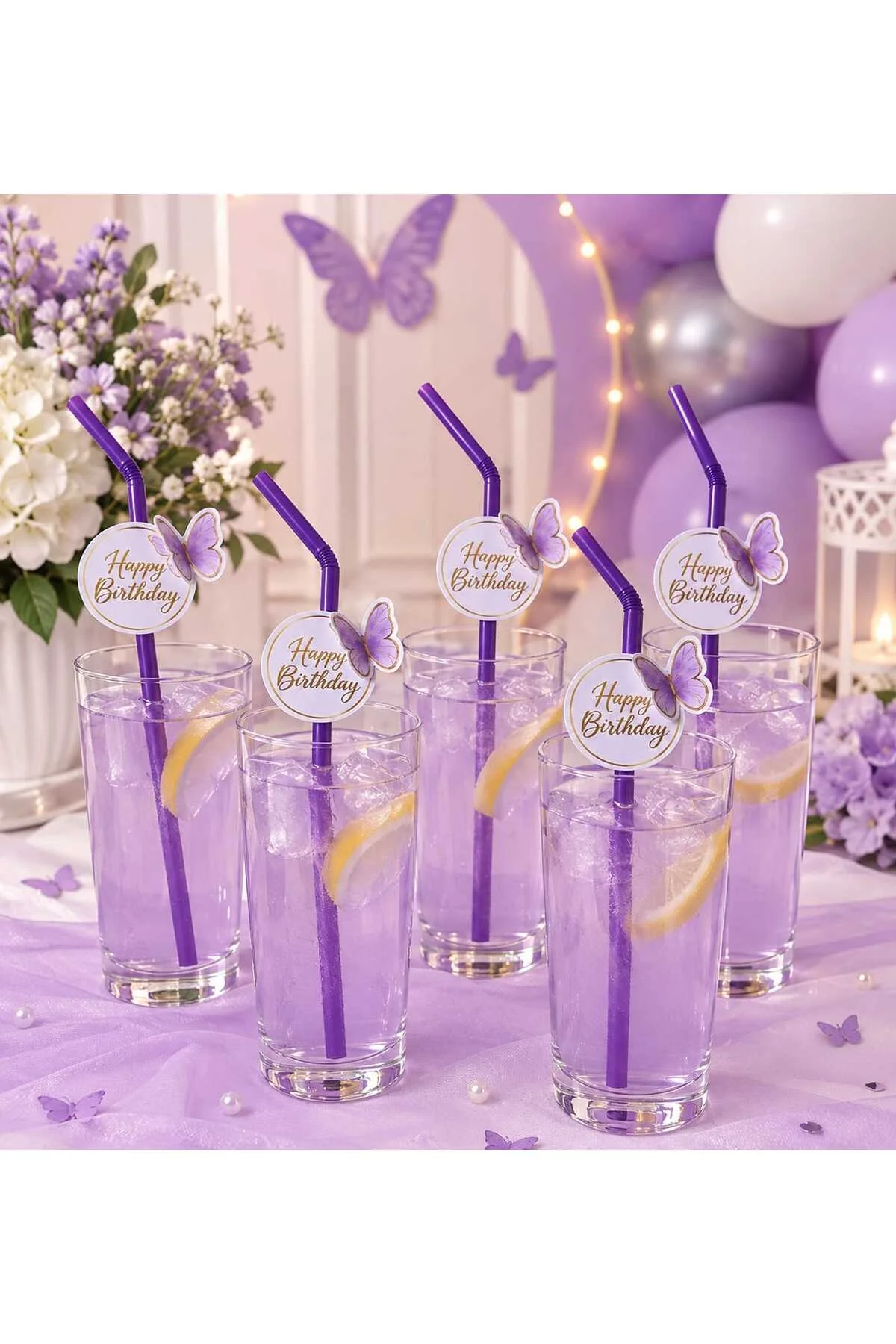 HAPPY BİRTHDAY MOR KELEBEK TEMALI DOĞUM GÜNÜ SÜSÜ PİPETİ 10 ADET