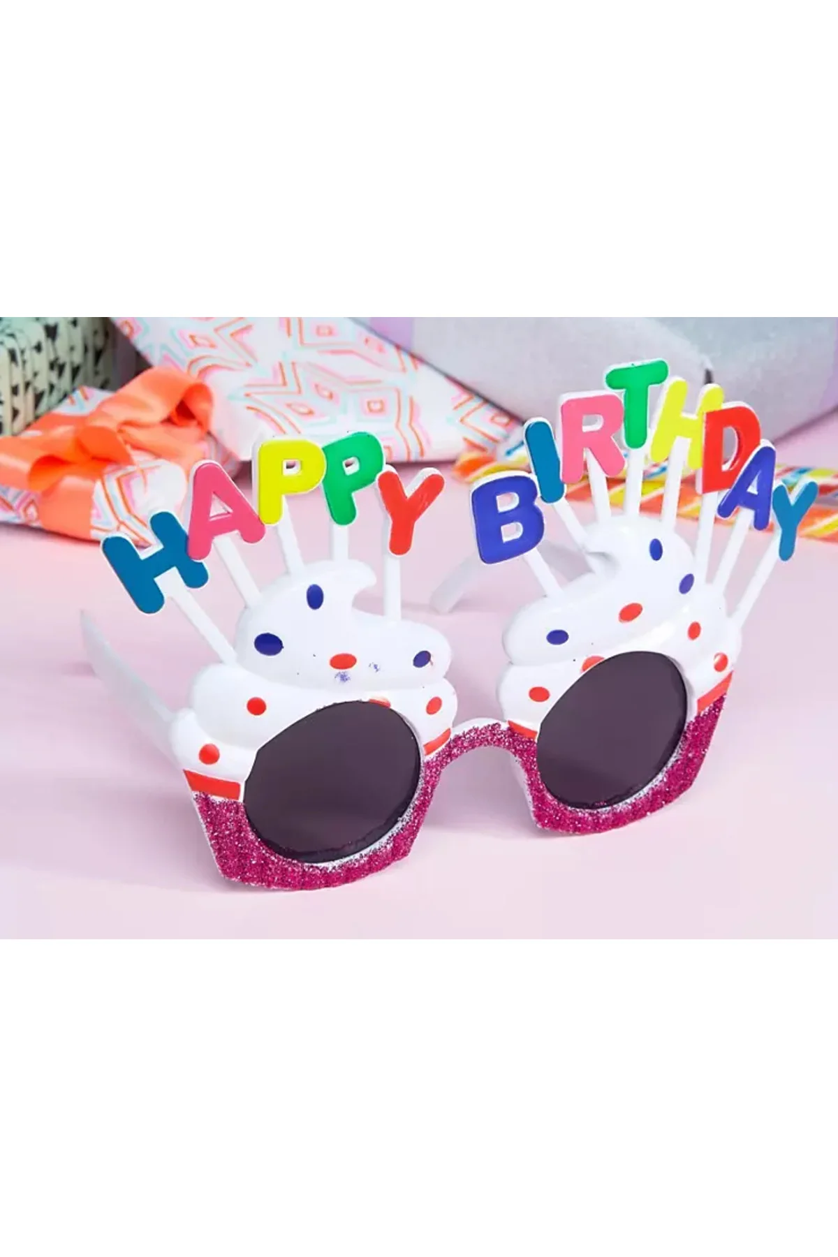 Happy Birthday Yazılı Beyaz Fuşya Renk Parti Gözlüğü 12x7 cm  GO506089Gosa4502