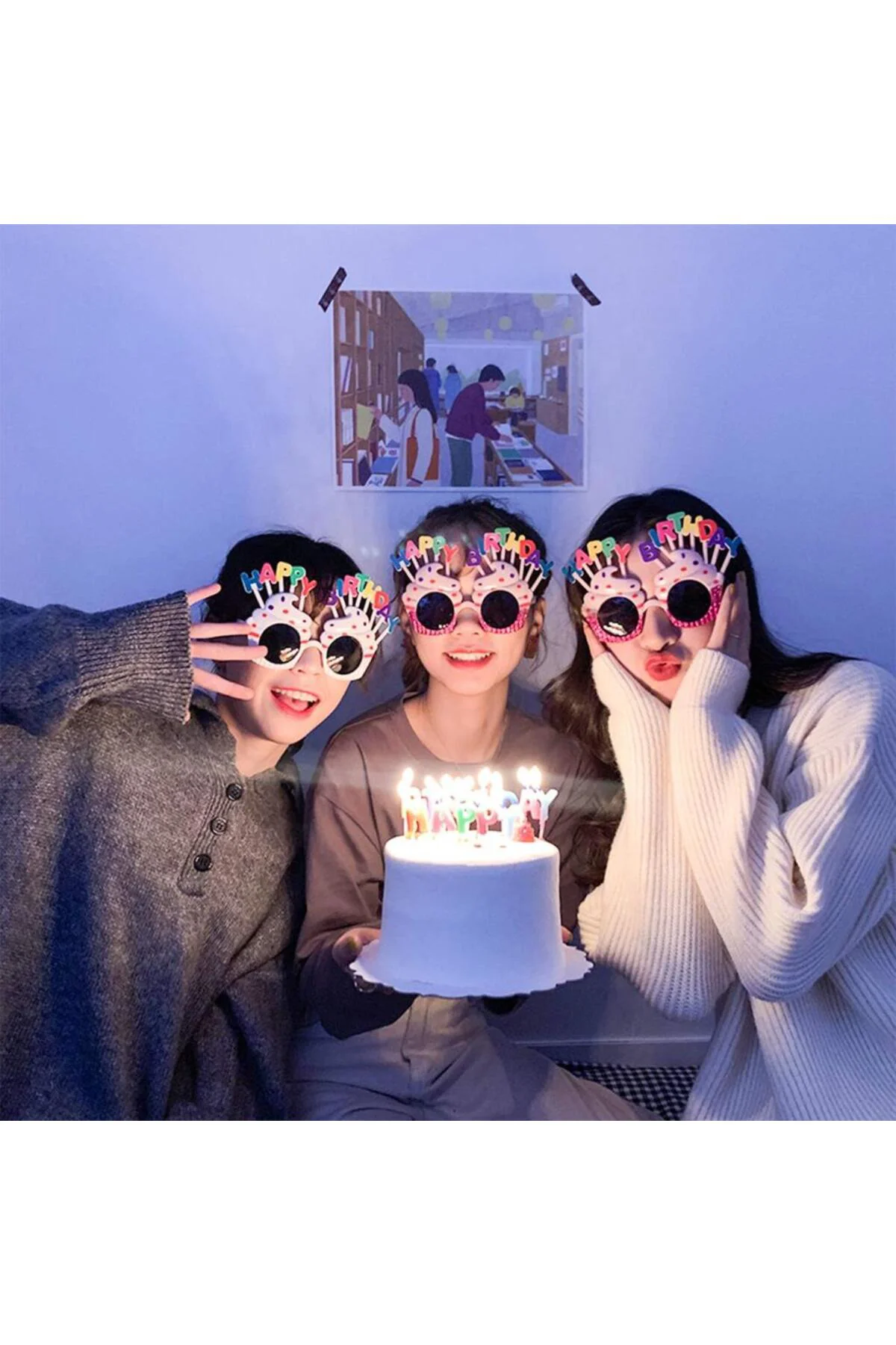 Happy Birthday Yazılı Pembe Fuşya Renk Parti Gözlüğü 12x7 cm