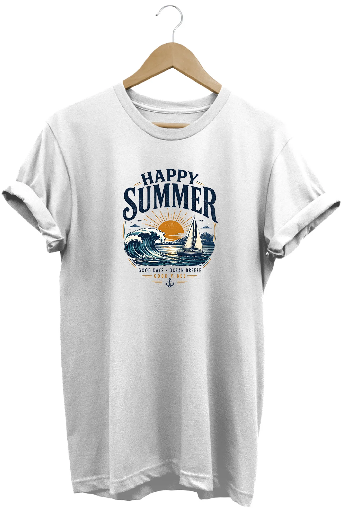 Happy Summer Unisex Deniz Dalga Baskılı Yaz Temalı Regular Kalıp Bisiklet Yaka T-Shirt