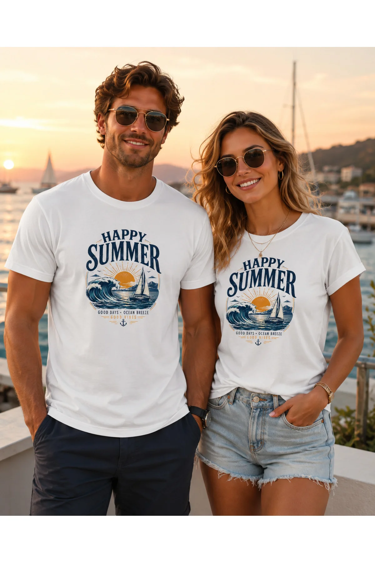 Happy Summer Unisex Deniz Dalga Baskılı Yaz Temalı Regular Kalıp Bisiklet Yaka T-Shirt