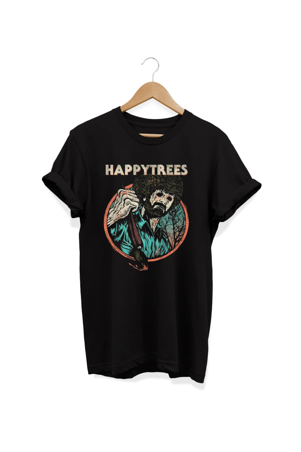 , Happy Trees Baskılı, %100 Pamuk, Bisiklet Yaka, Oversize T-shir