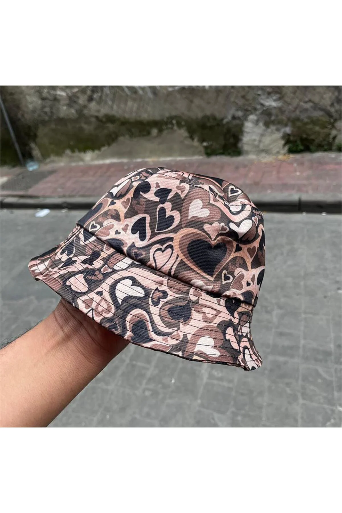 Harajuku Brown Heart Kolaj Bucket Şapka