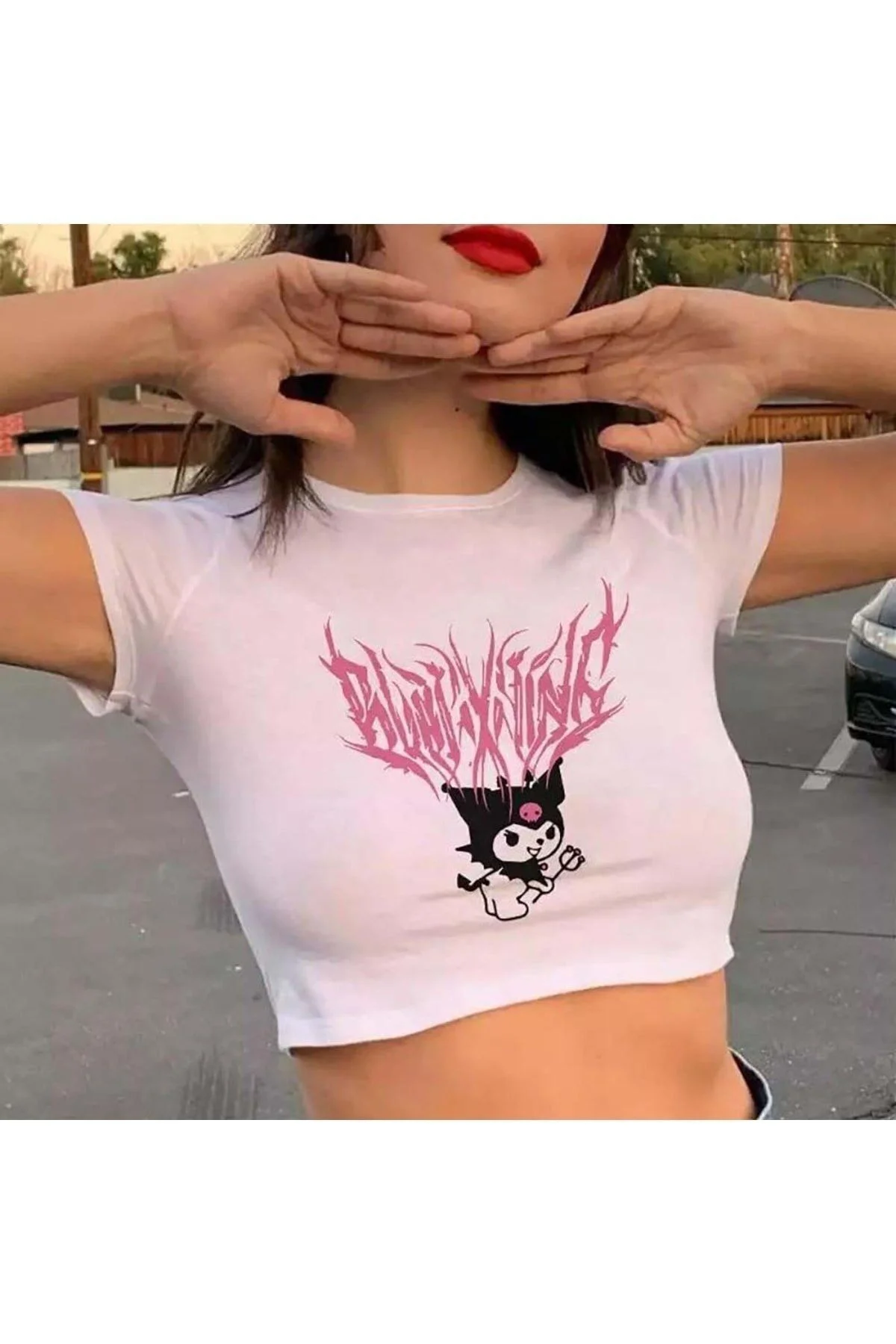 Harajuku Fashion Anime Kuromi Sanrio Crop Yarım Beyaz Kadın T-shi
