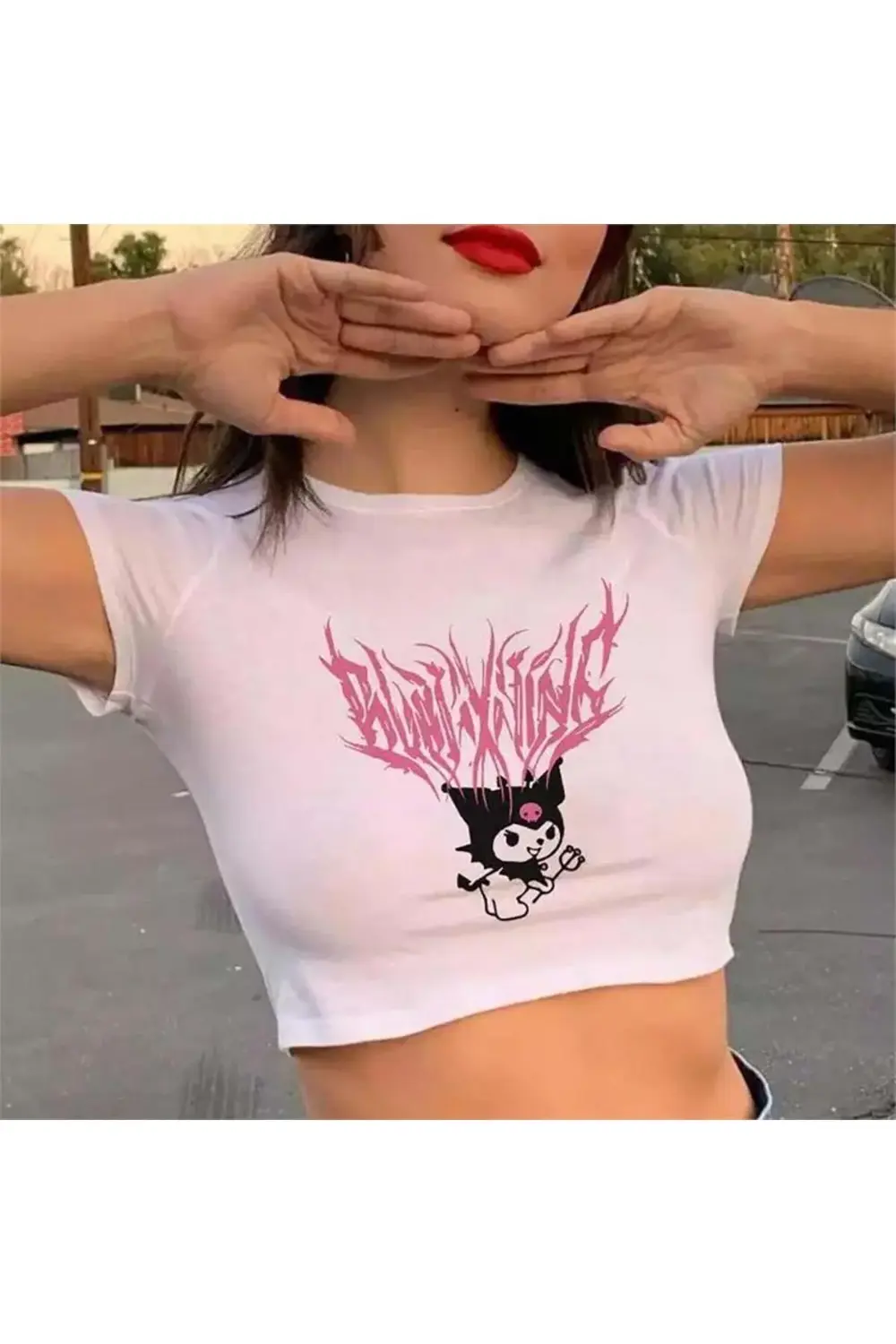 Harajuku Fashion Anime Kuromi Sanrio Yarım Beyaz Kadın T-shirt
