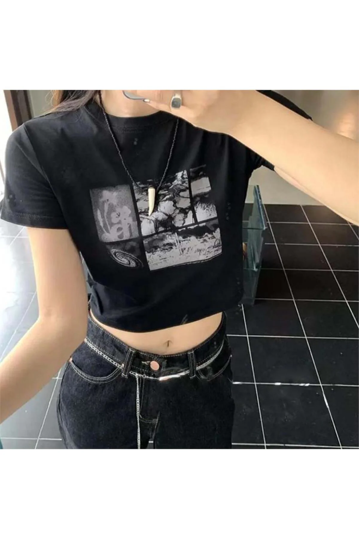 Harajuku Fashion Horror Collage Siyah Yarım T-shirt
