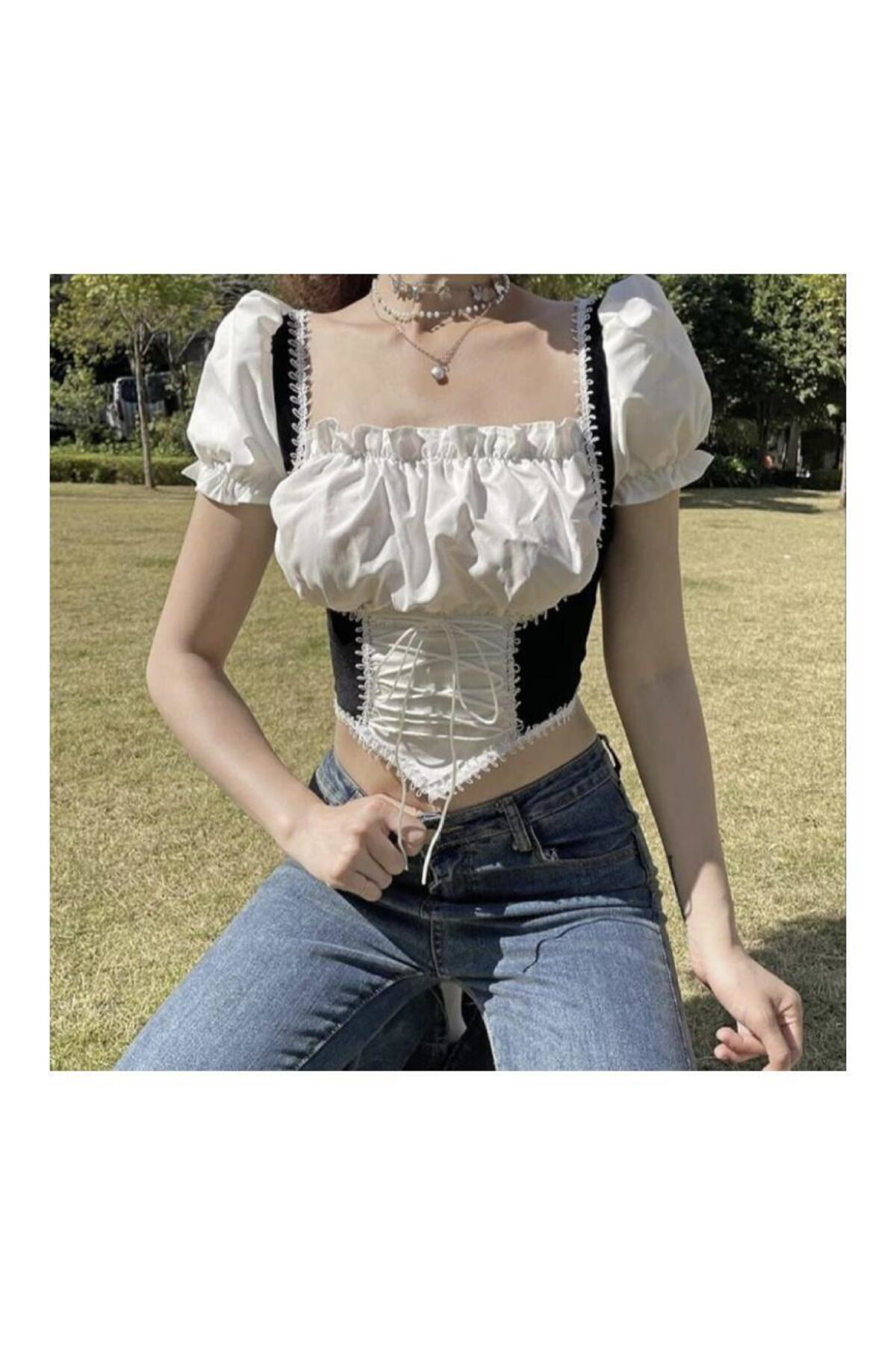 Harajuku Gotik Medieval Style Siyah Y2K Kısa Kollu Crop Harajuku Gotik Medieval Style Siyah Y2K Kısa Kollu Crop