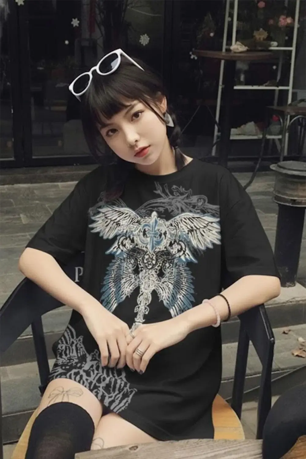 Harajuku Gotik Wing Detaylı Y2K Unisex Kısa Kollu T-shirt