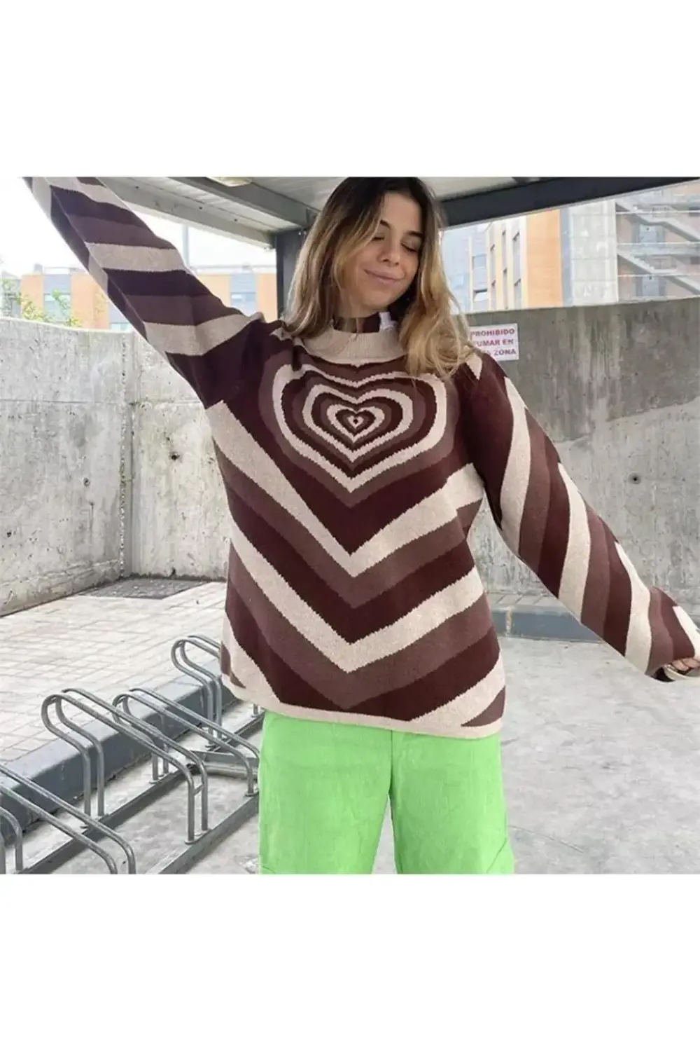 Harajuku Kahverengi Kalp Desenli Kazak