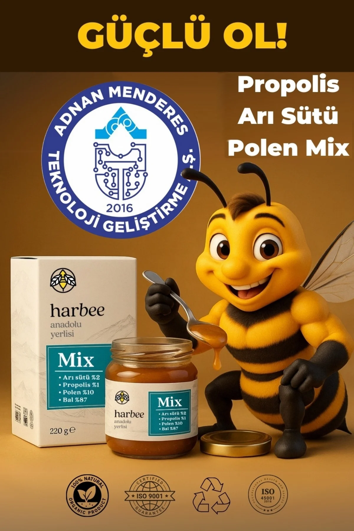 Harbee Mix Bal - Propolis - Arı Sütü - Polen %100 Doğal Karışım 220 ge