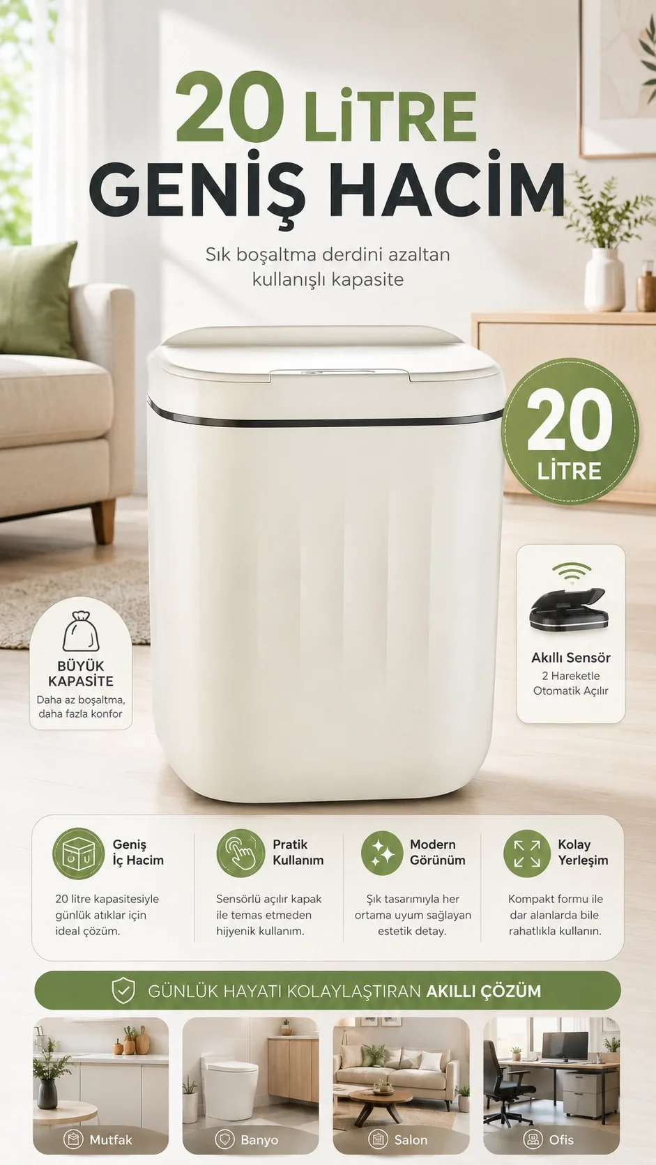 Hareket Sensörlü Büyük 20L Çöp Kovası UV Işıklı