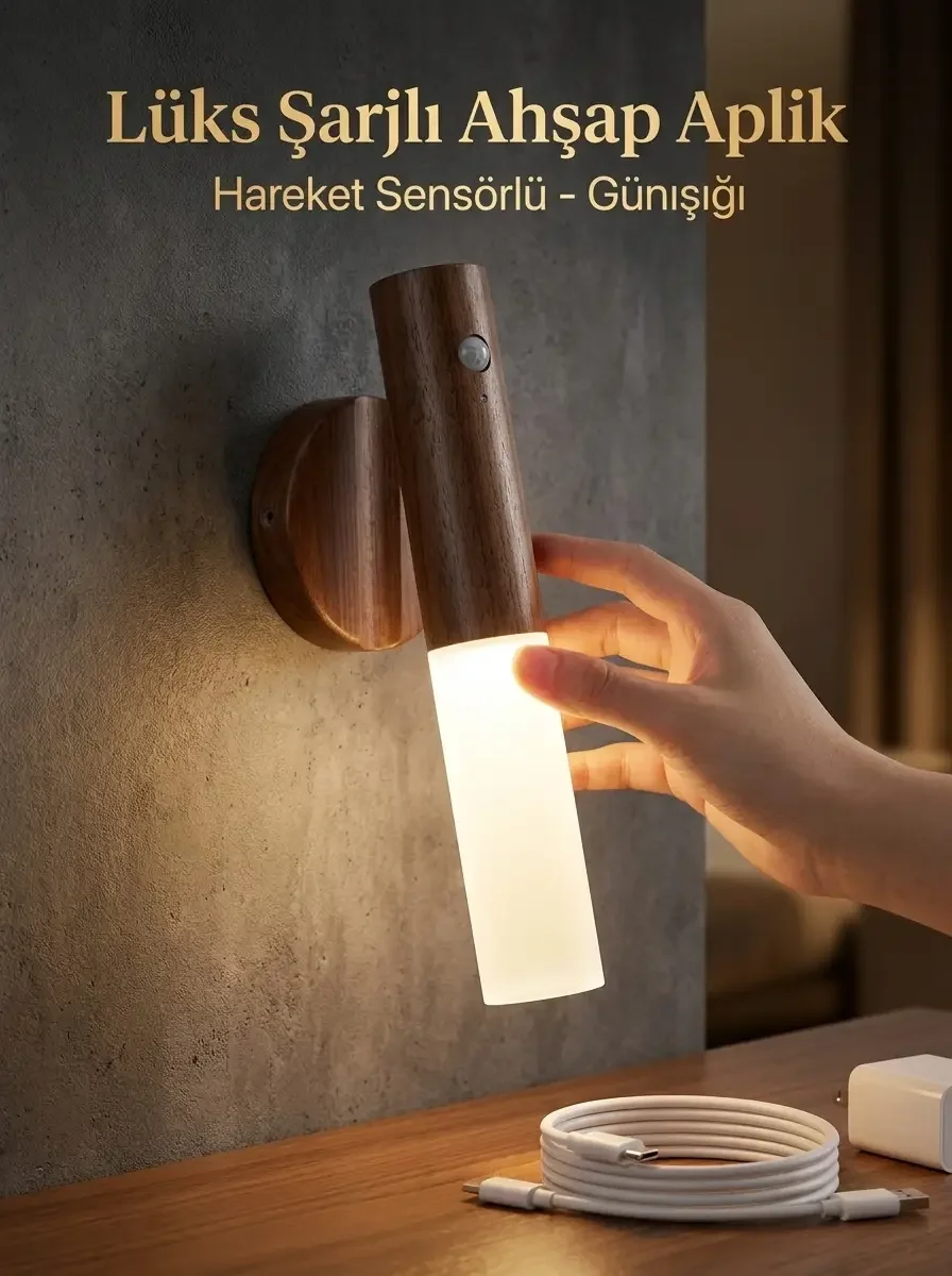 Hareket Sensörlü Kablosuz LED Aplik Şarjlı Ahşap Renk Günışığı Duvar Lüks Lambası
