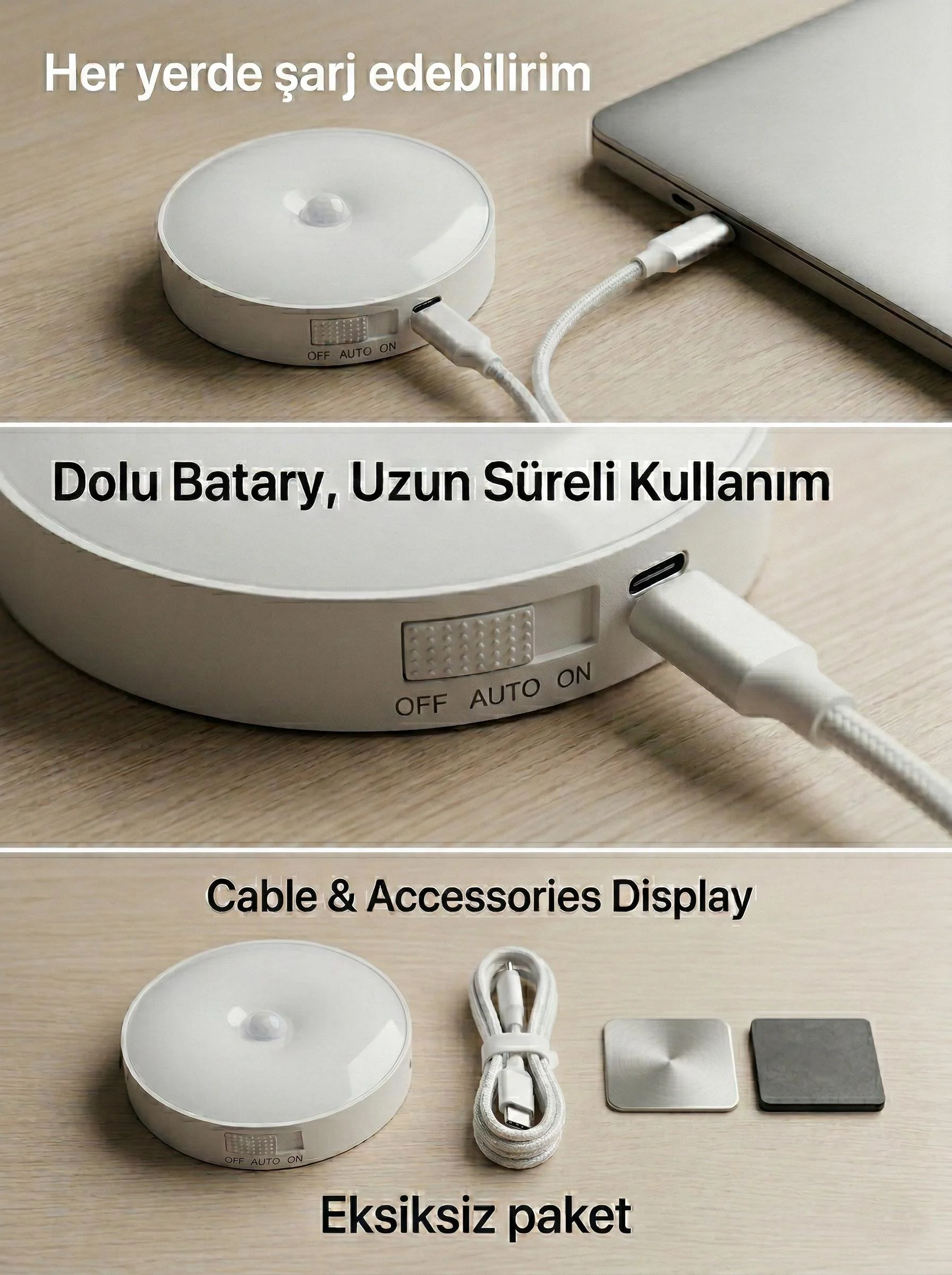 Hareket Sensörlü LED Gece Lambası - USB Şarjlı, Manyetik Montaj, 8cm Yuvarlak Aydınlatma