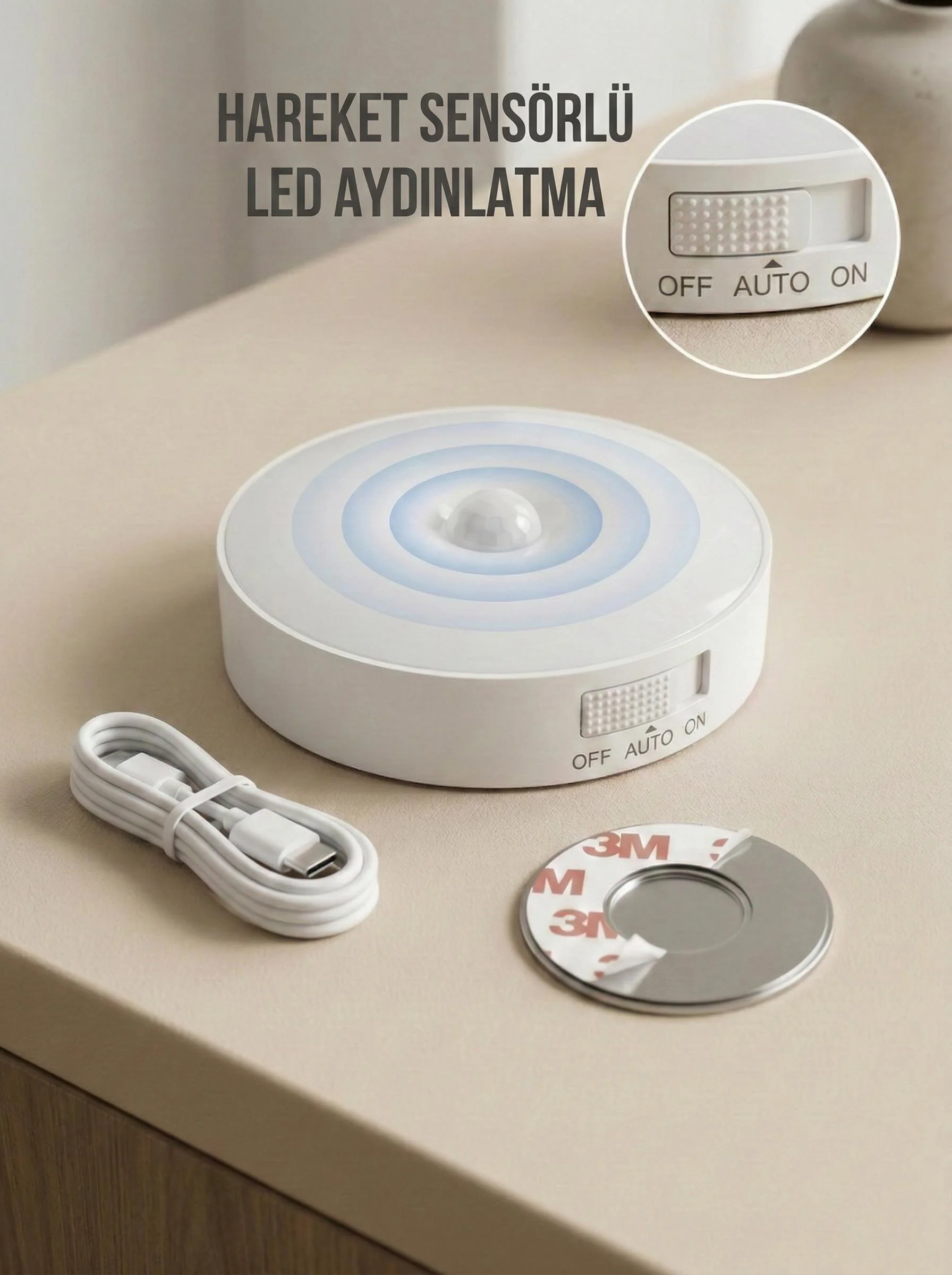 Hareket Sensörlü LED Gece Lambası - USB Şarjlı, Manyetik Montaj, 8cm Yuvarlak Aydınlatma