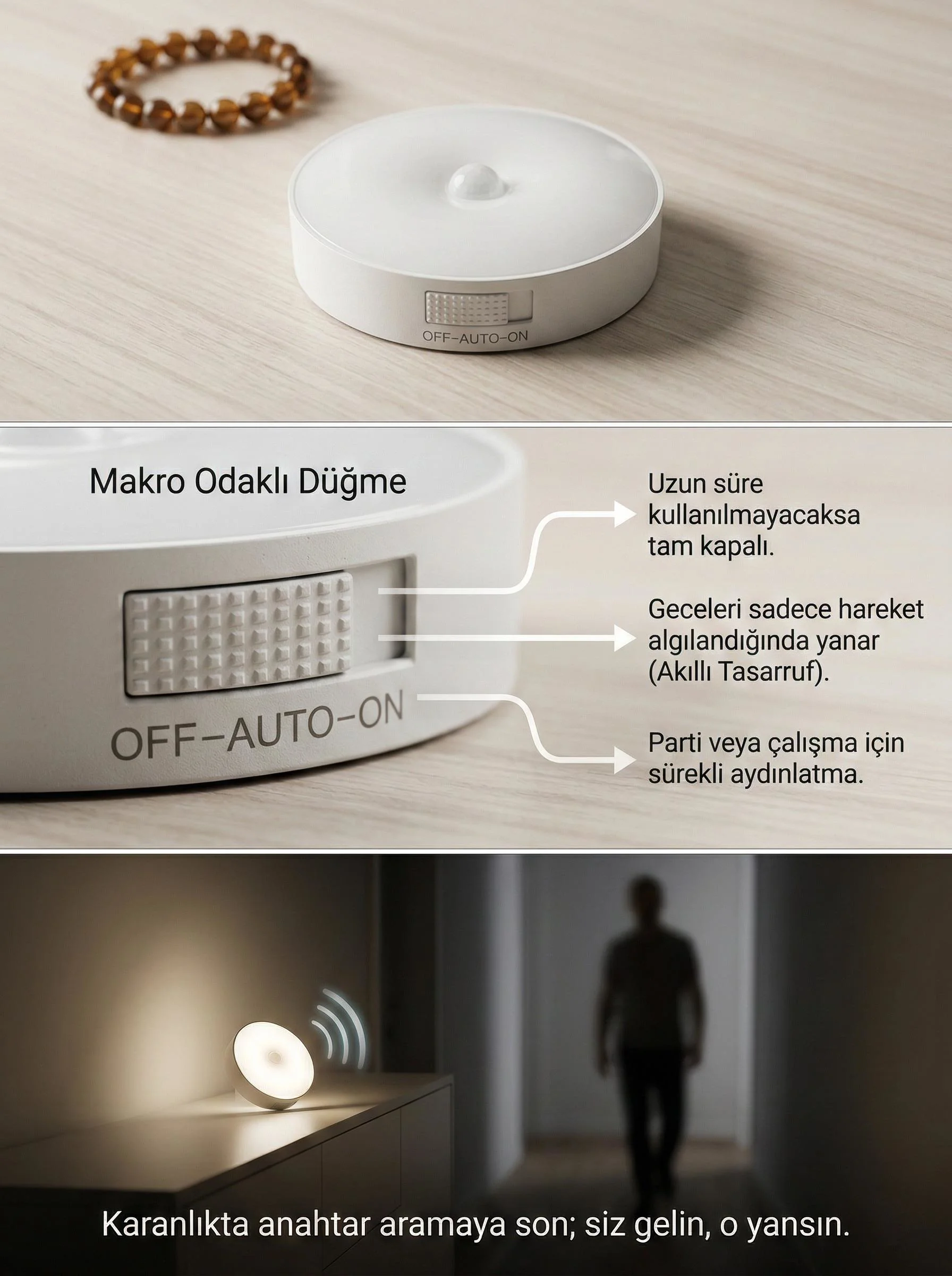 Hareket Sensörlü LED Gece Lambası - USB Şarjlı, Manyetik Montaj, 8cm Yuvarlak Aydınlatma
