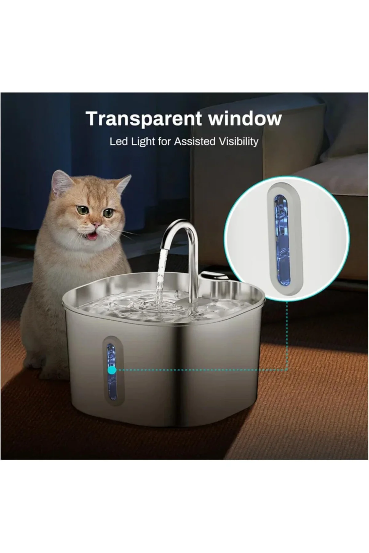 Hareket Sensörlü Paslanmaz Çelik Kedi Su Pınarı - 2.2 Litre Geniş