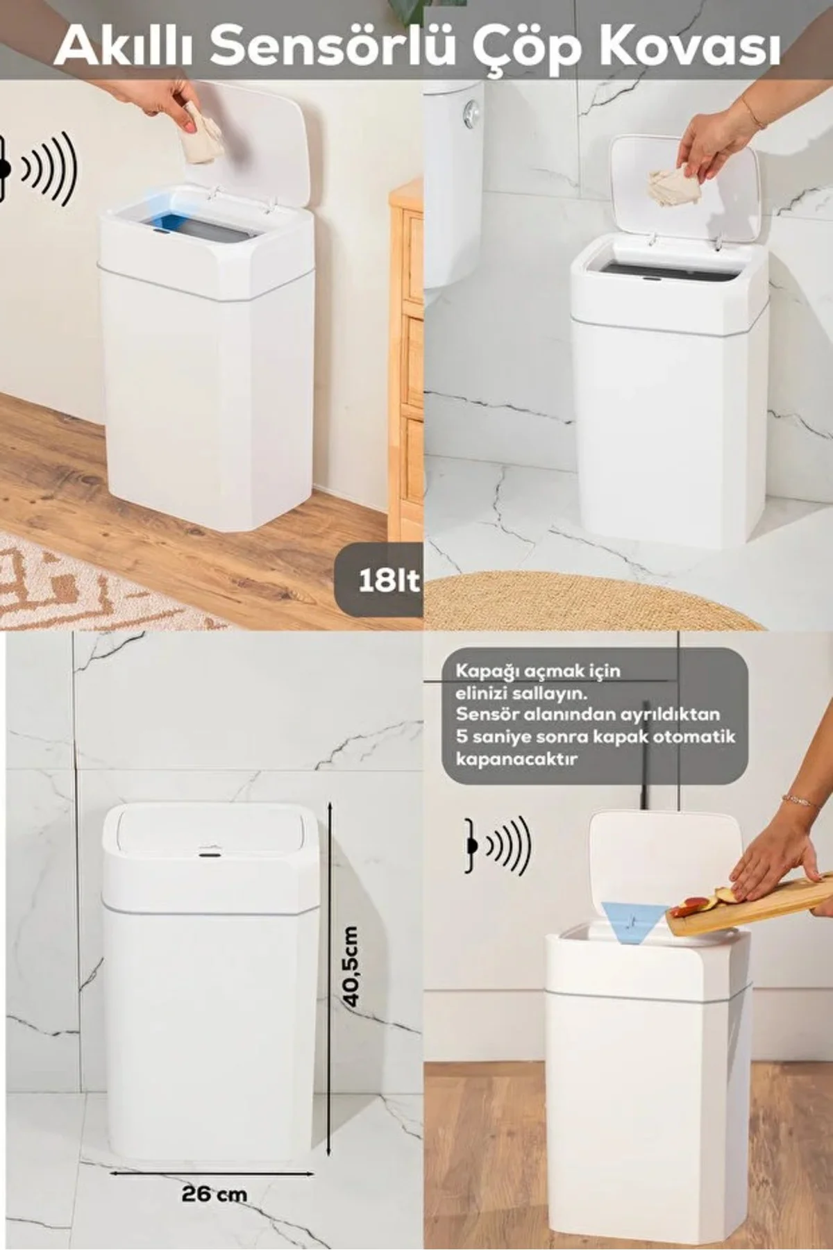 Hareket Sensörlü Sessiz Kapatma Çöp Kutusu Banyo Mutfak Çöp Kovası Kapaklı Banyo Çöp Kovası18Lt