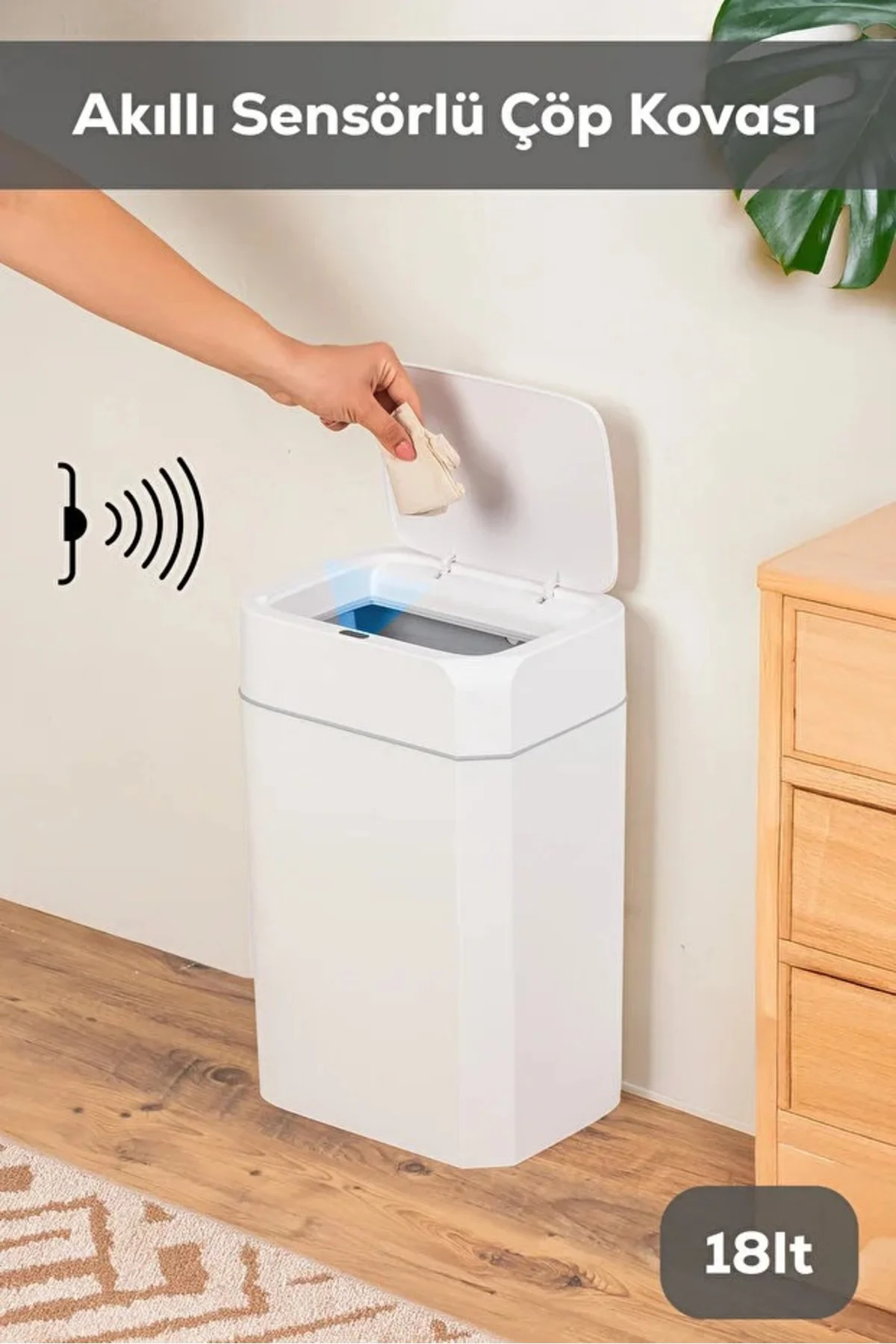 Hareket Sensörlü Sessiz Kapatma Çöp Kutusu Banyo Mutfak Çöp Kovası Kapaklı Banyo Çöp Kovası18Lt