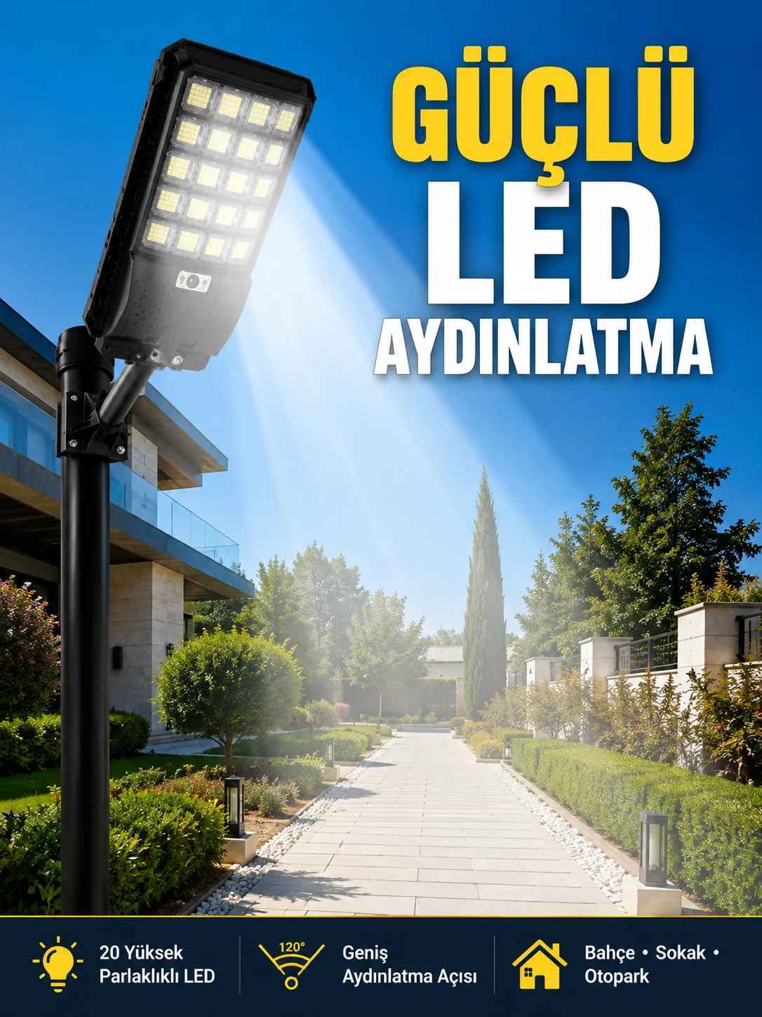 Hareket Sensörlü Solar LED Aydınlatma 3 Modlu Uzaktan Kumandalı Bahçe Lambası