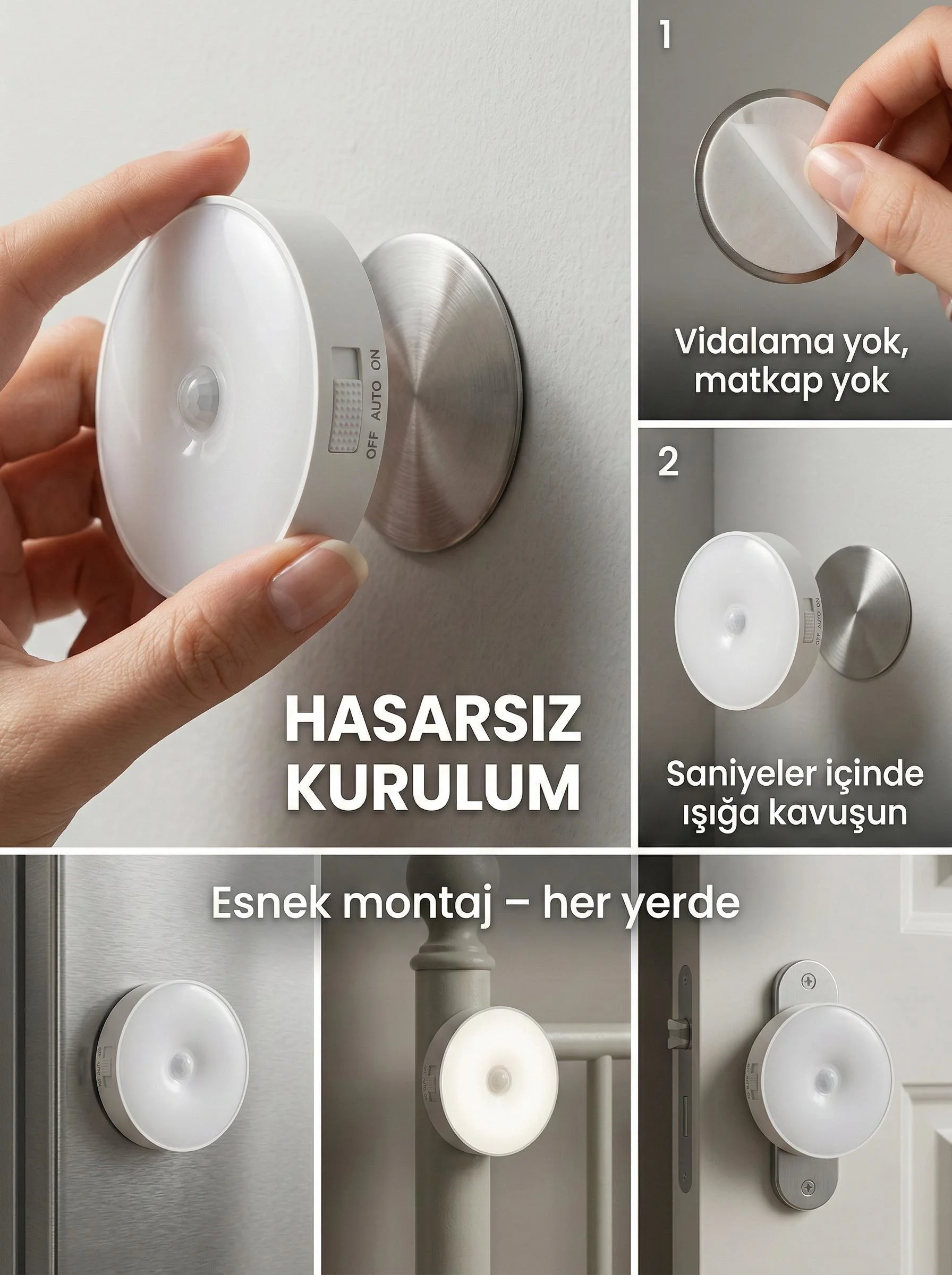Hareket Sensörlü Yuvarlak LED Aydınlatma &amp; USB Şarjlı Pratik Gece Lambası (8 cm)