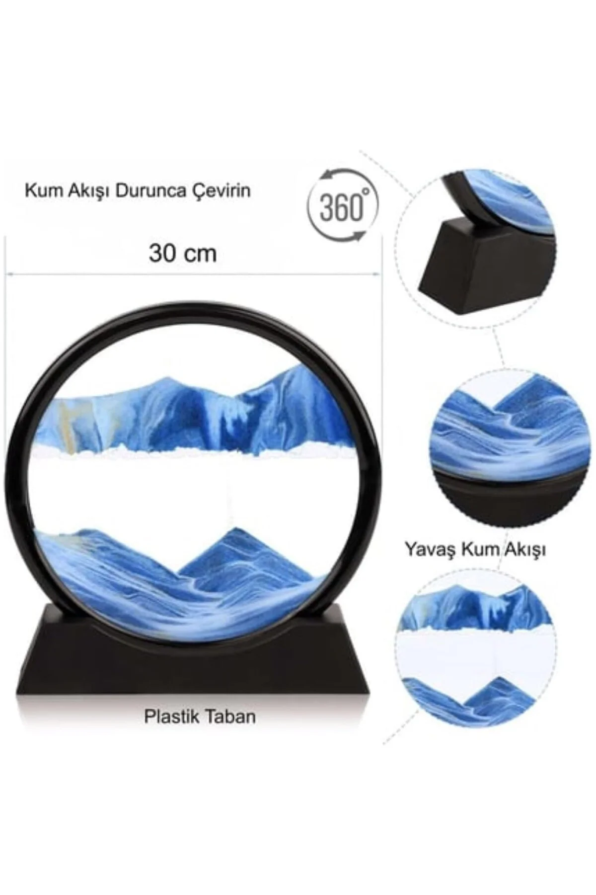 Hareketli 3D Kum Saati 30cm Büyük Boy Mavi Yuvarlak 12inch Cam De