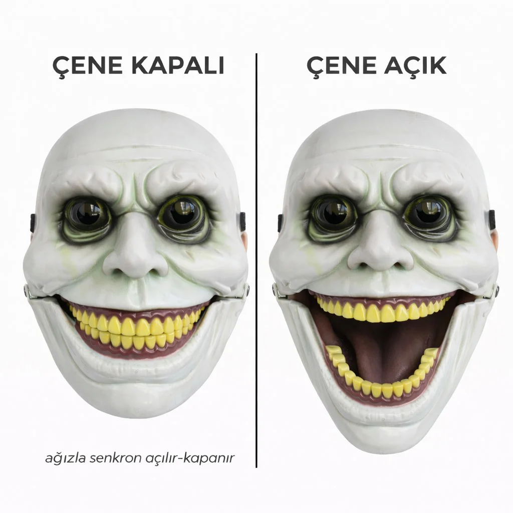 Hareketli Çene Mekanizmalı Korku Maskesi Yeşil - Senkron Açılır Kapanır Gerçekçi Korku Maskesi