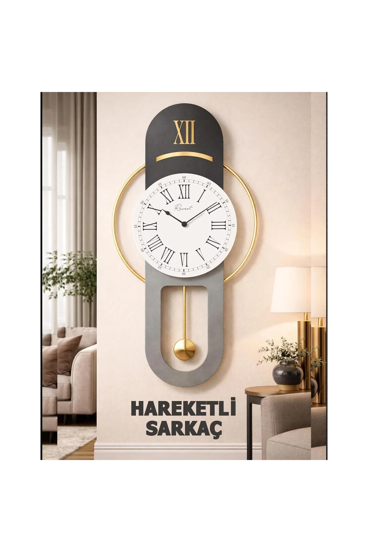 Hareketli sarkaç, Cam Yüzeyli, Metal halkalı, Dekoratif Duvar Saa