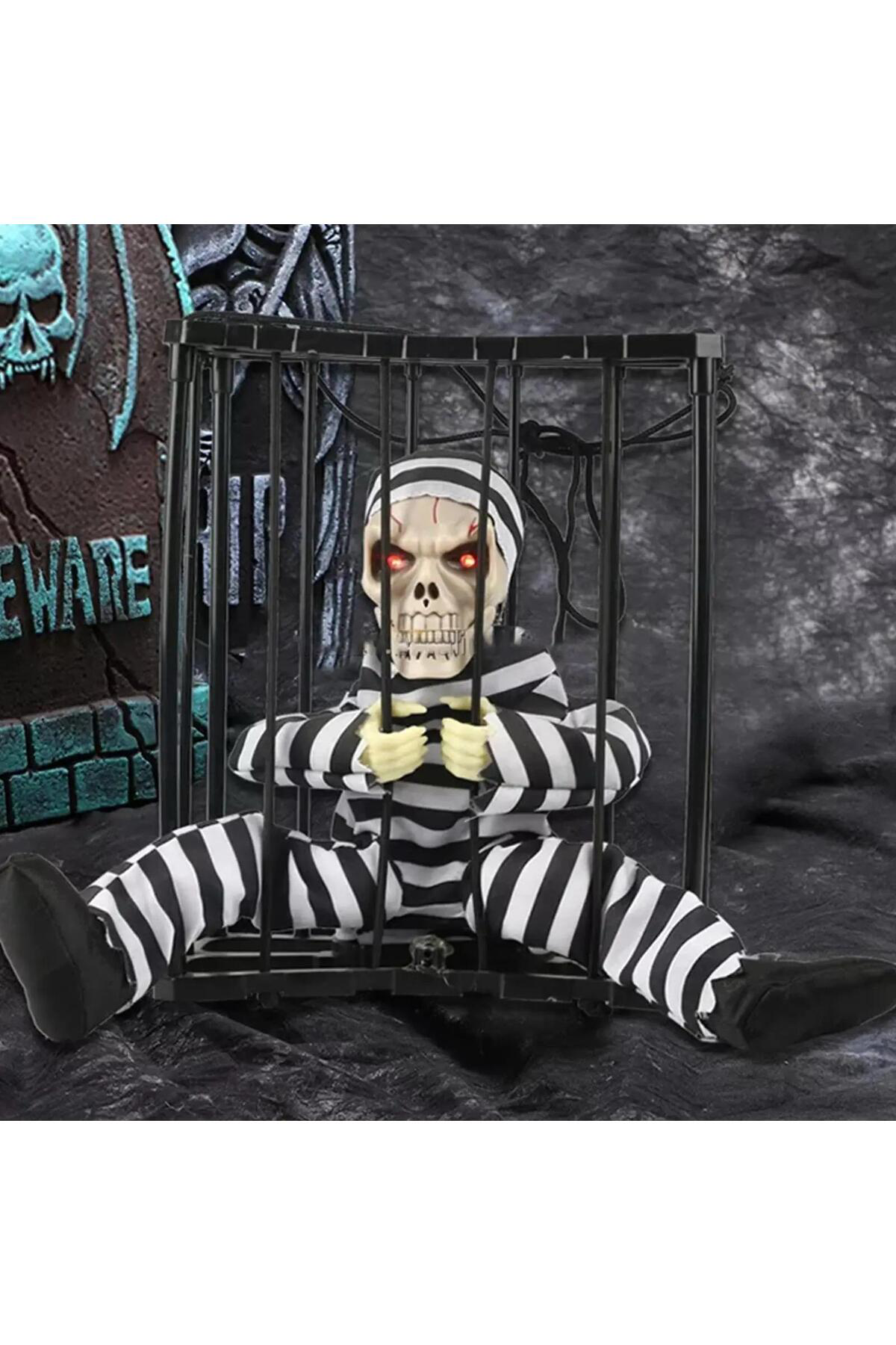 Ok Aksesuar Hareketli Sesli Sensörlü Mahkum Görünümlü Kuru Kafa İskelet Dekor