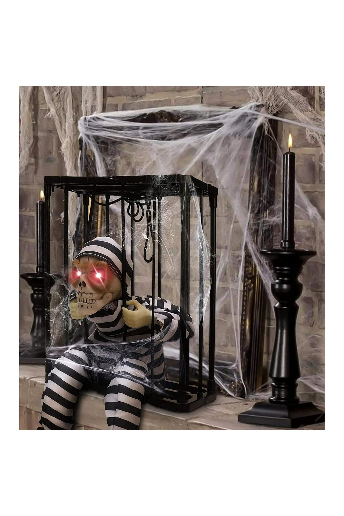 Ok Aksesuar Hareketli Sesli Sensörlü Mahkum Görünümlü Kuru Kafa İskelet Dekor