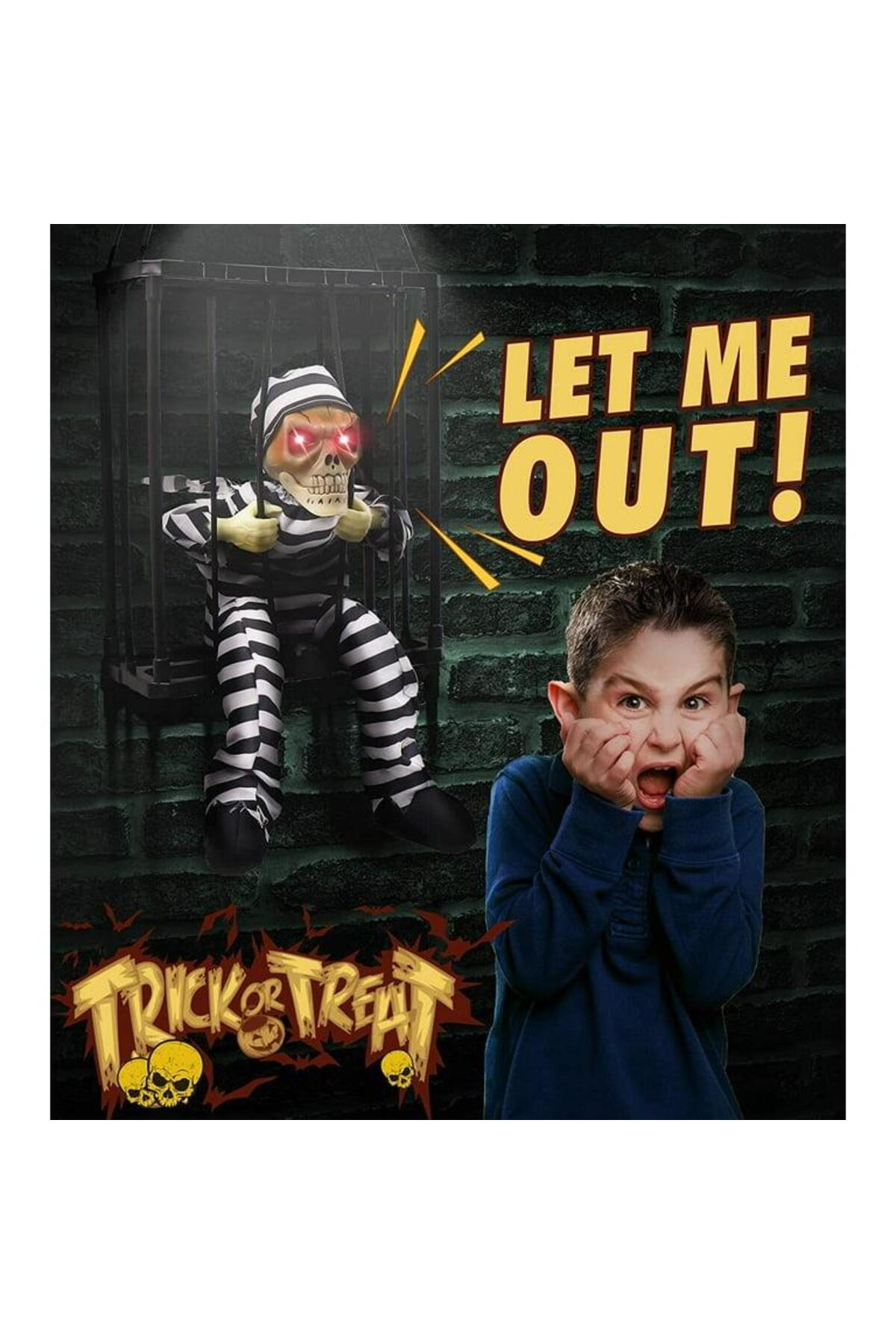 Ok Aksesuar Hareketli Sesli Sensörlü Mahkum Görünümlü Kuru Kafa İskelet Dekor