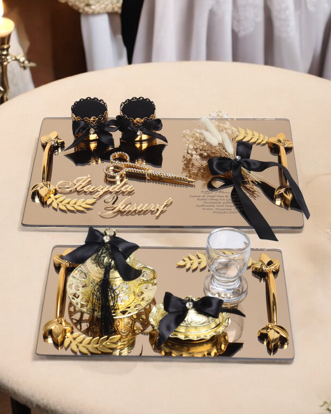 Cyzhome Harmony Gold Söz Nişan Tepsisi Ve Damat Kahve Fincan Tepsisi