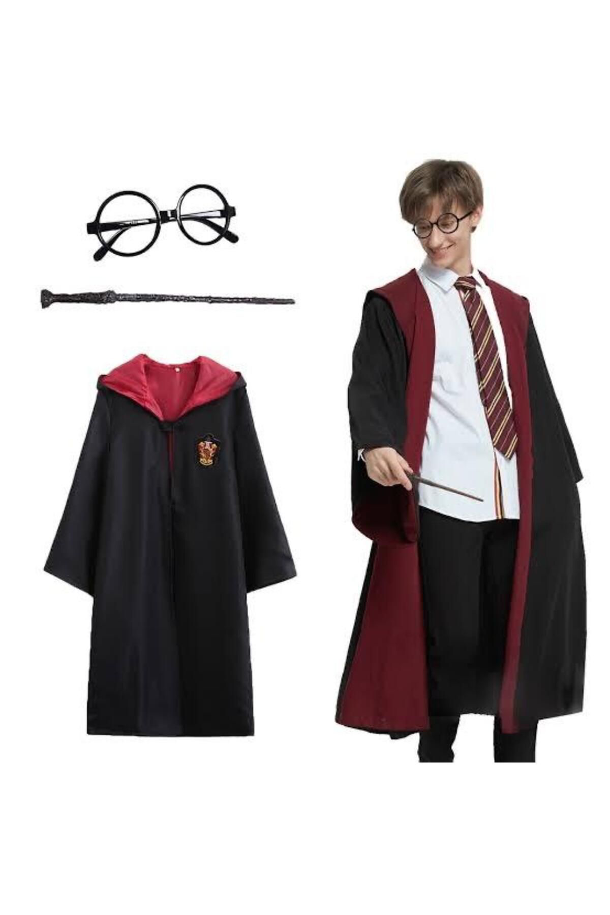 Ok Aksesuar Harry Potter Gryffindor Kapişonlu Çocuk Kostüm + Asa + Gözlük Set