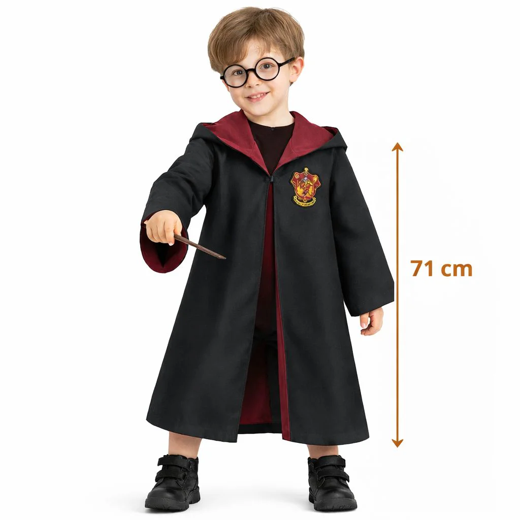 Harry Potter ile Uyumlu Çocuk Kostüm Seti – Pelerin, Asa ve Gözlük (2-4 Yaş, 71 cm)