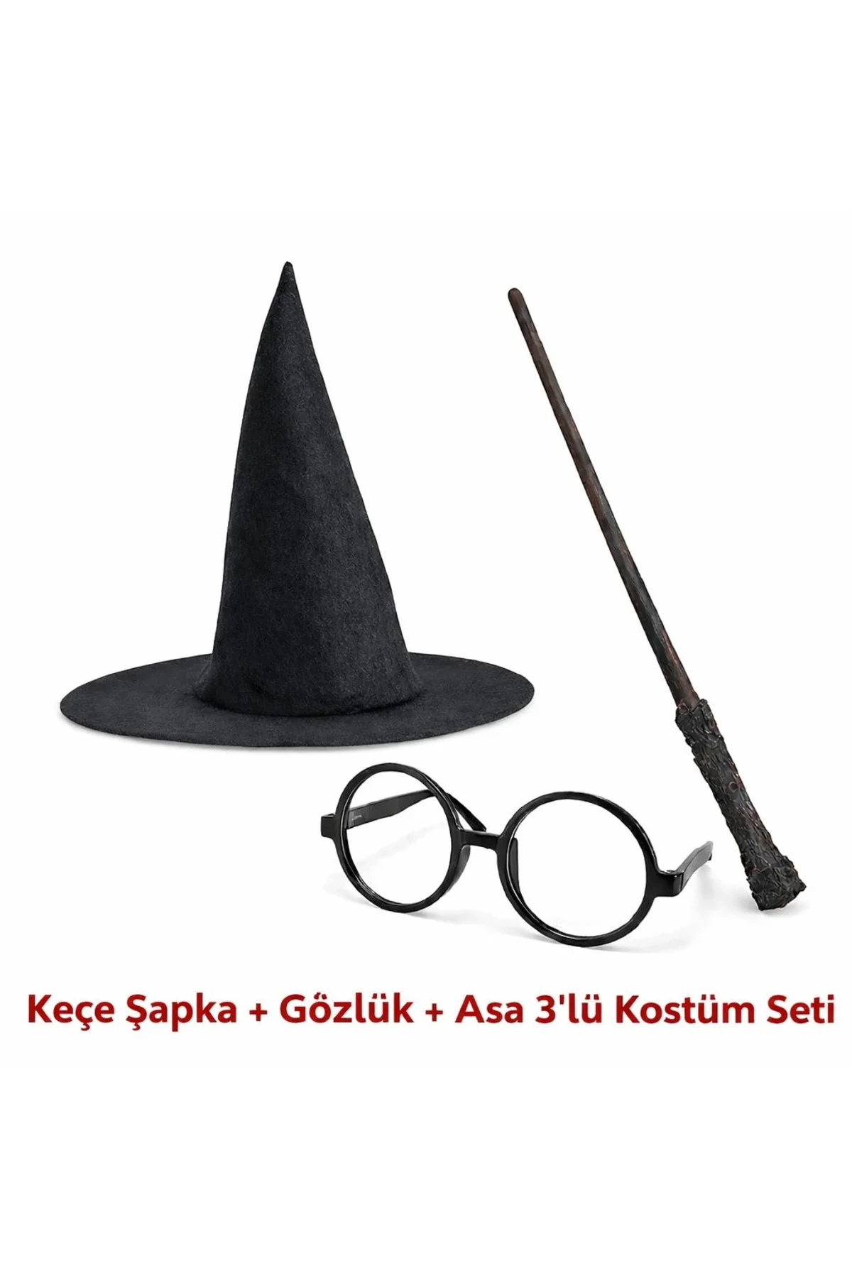 Harry Potter Tarzı Çuk Seti (Siyah Keçe Şapka, Asa, Gözlük)