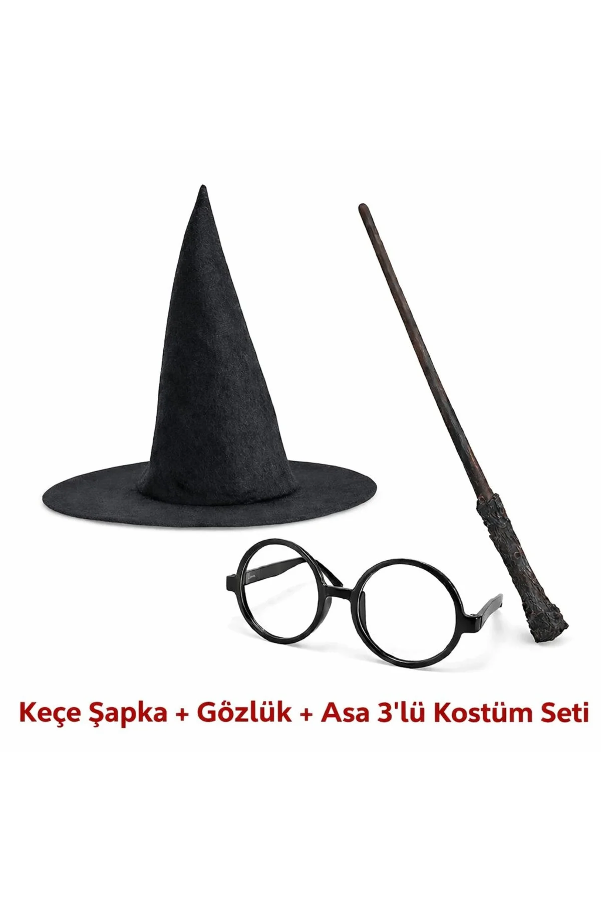 Harry Potter Tarzı Çocuk Seti (Siyah Keçe Şapka, Asa, Gözlük) - Görsel 2
