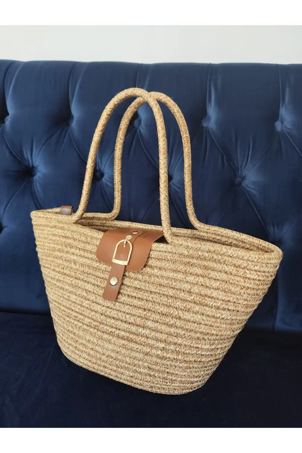 Hasır el çantası deri detaylı, midi boy, tres, el yapımı