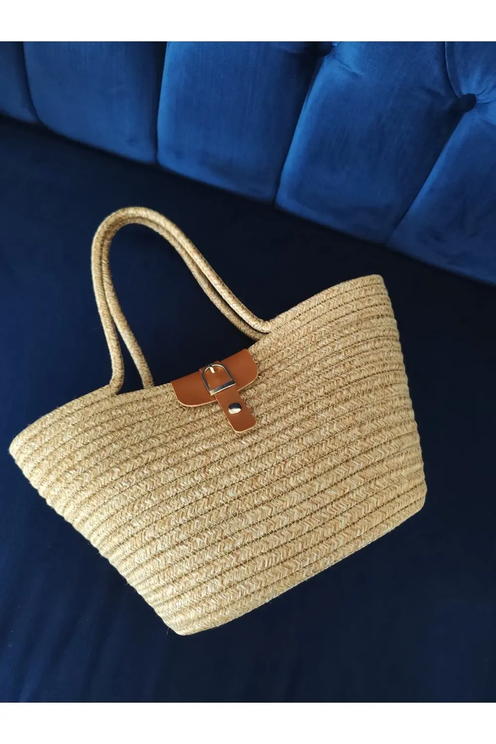 Hasır el çantası deri detaylı, midi boy, tres, el yapımı