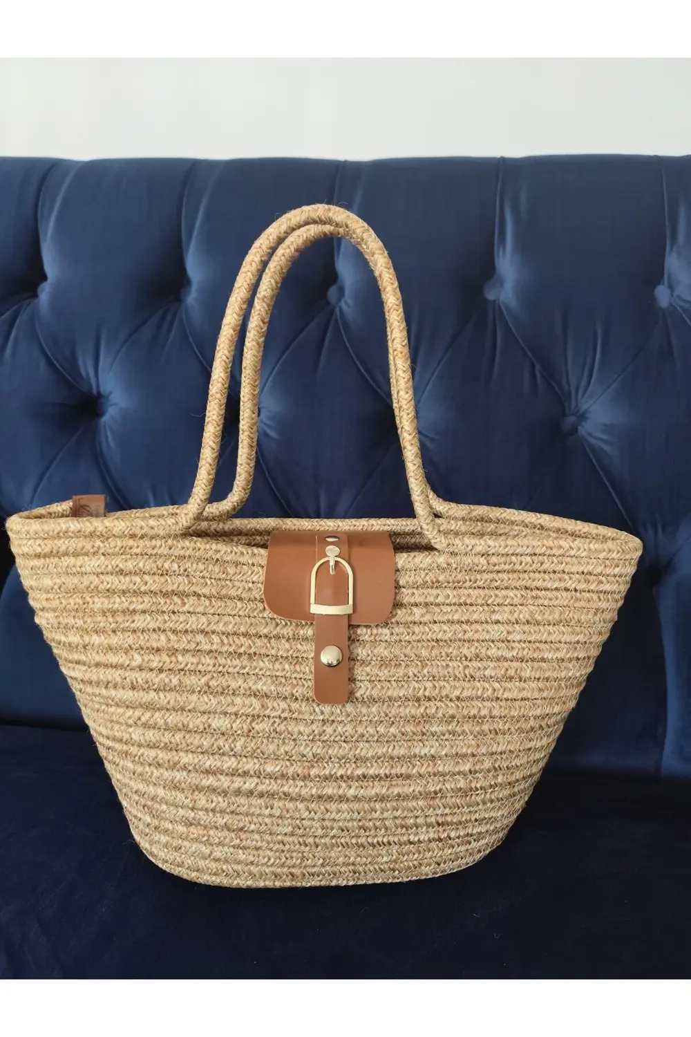 Hasır el çantası deri detaylı, midi boy, tres, el yapımı