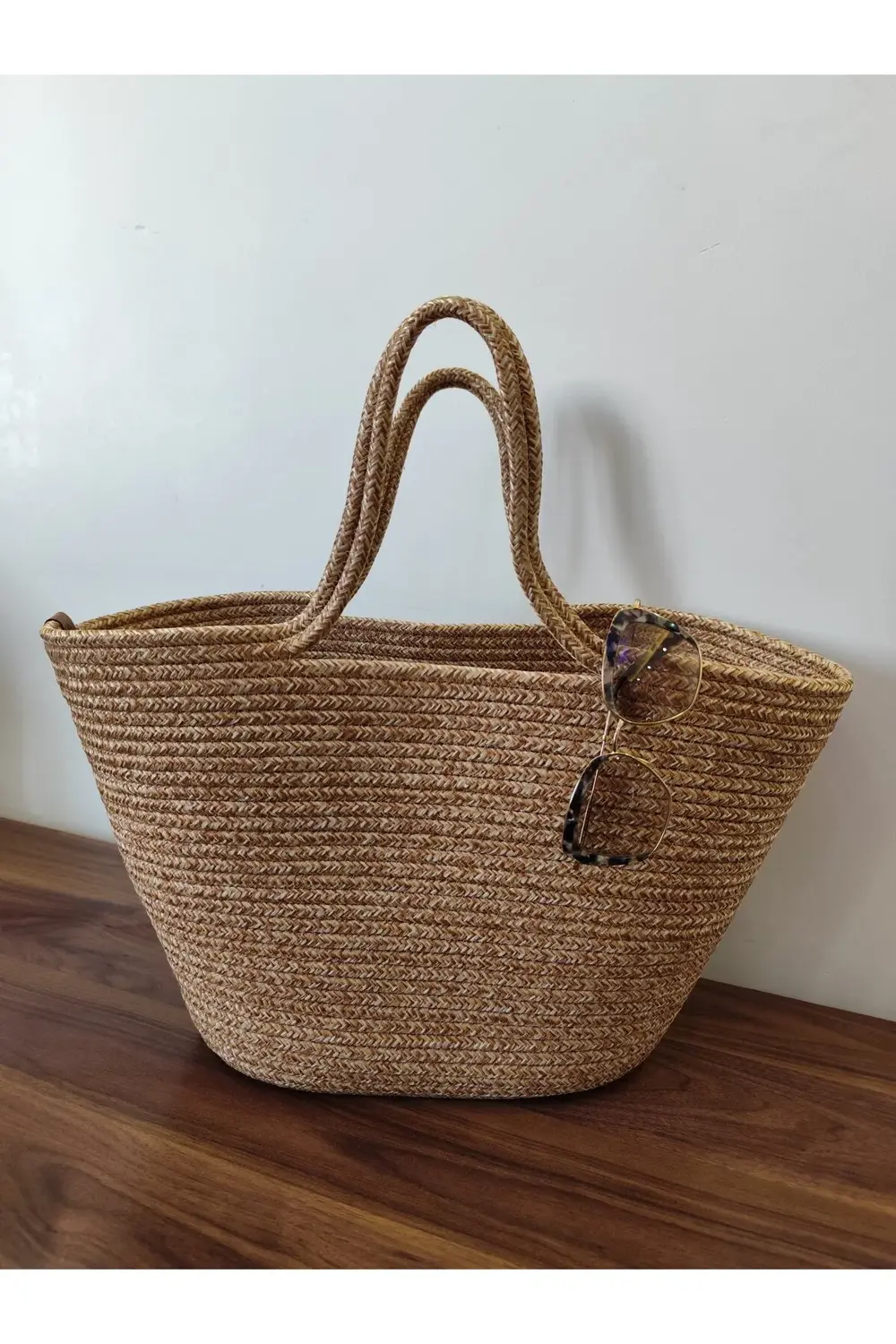 Hasır plaj çantası tres iple dikilmiş el yapımı kol çantası