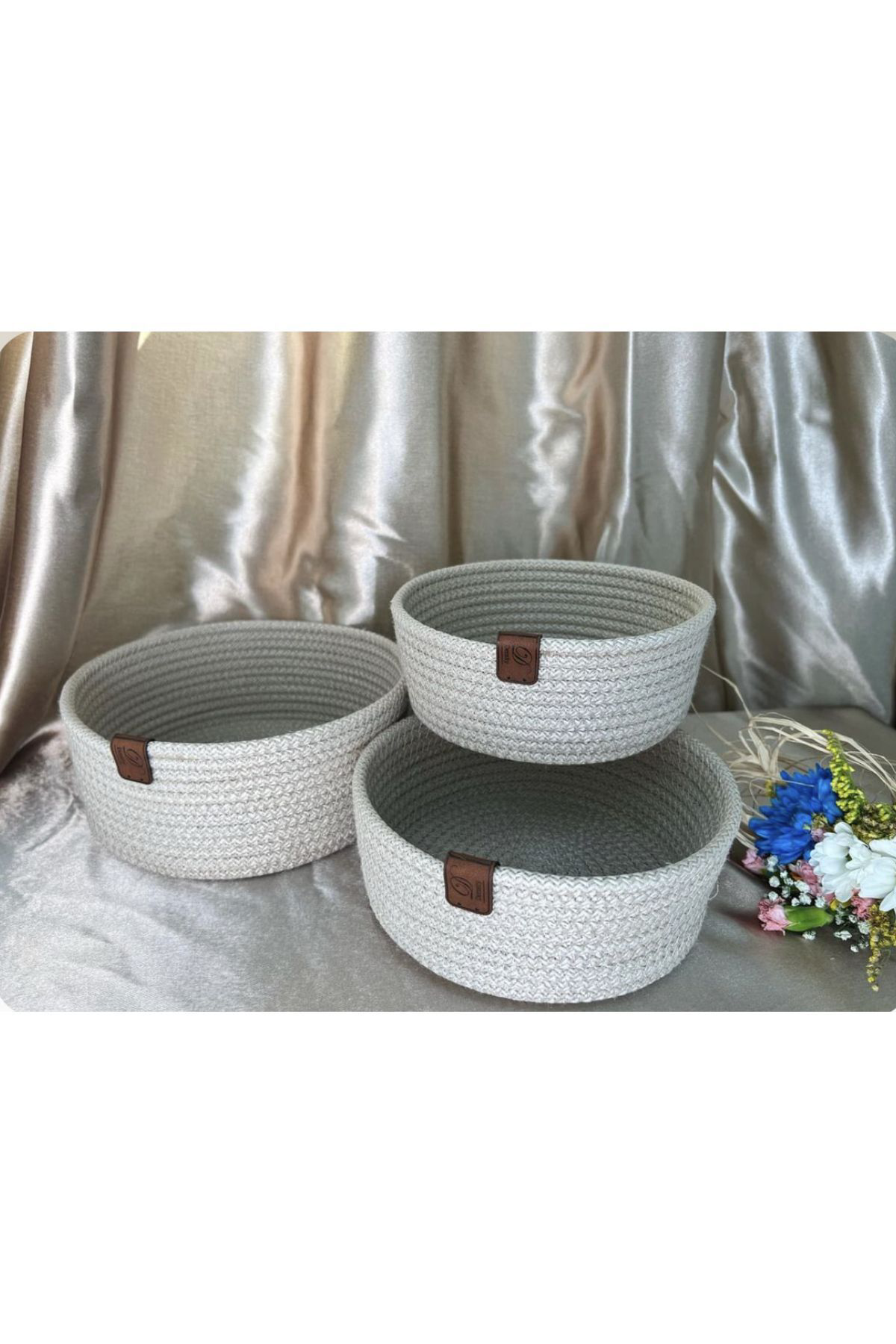 Density Hasir Sepet - Ekmeklik - Organizer 3 Lü, El Yapimi, Bej Renk