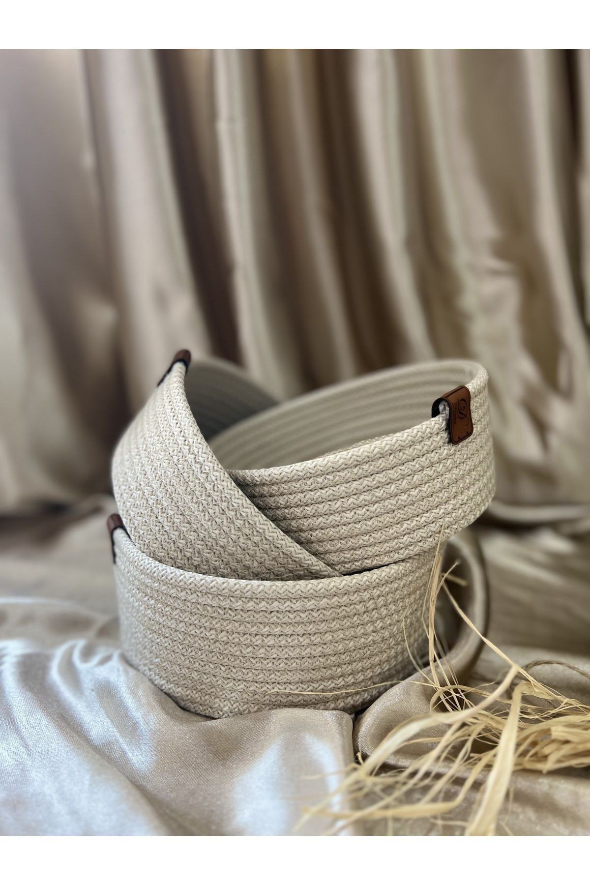 Density Hasir Sepet - Ekmeklik - Organizer 3 Lü, El Yapimi, Bej Renk
