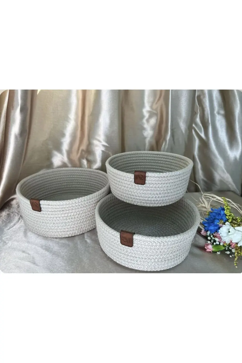 Hasır Sepet - Ekmeklik - Organizer 3 lü, El yapımı, Bej Renk