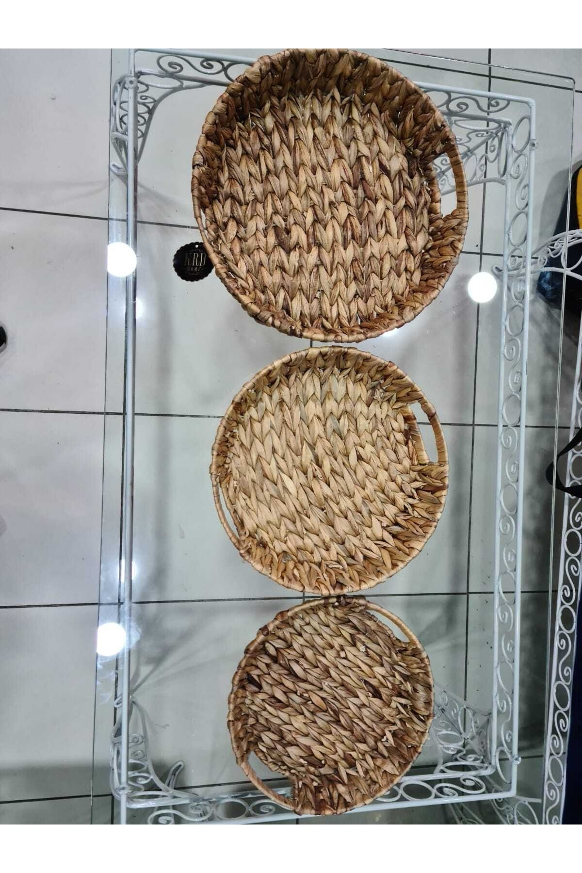 Elif Aksesuar Hasır Yuvarlak 3'Lü Tepsi