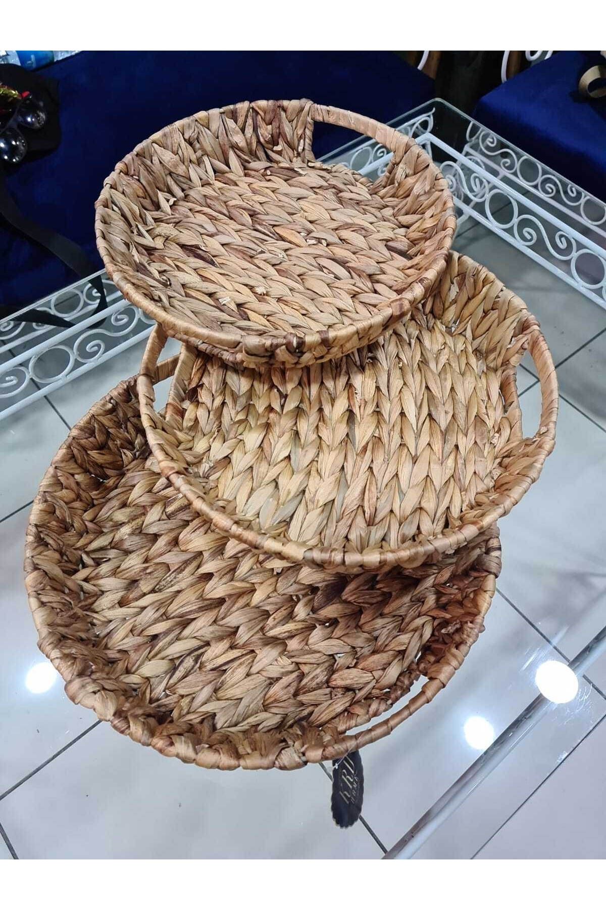 Elif Aksesuar Hasır Yuvarlak 3'Lü Tepsi