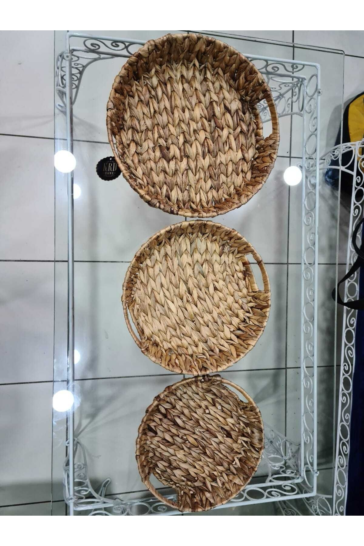 Elif Aksesuar Hasır Yuvarlak 3'Lü Tepsi