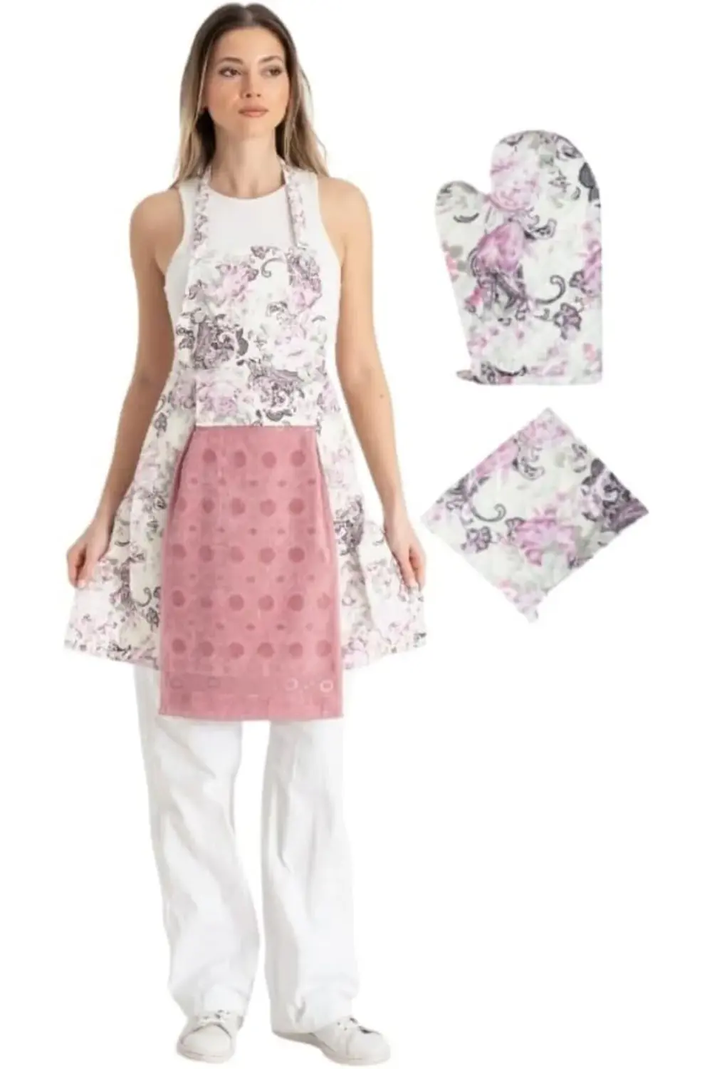 Havlulu Mutfak Önlüğü Fırın Eldiveni Ve Tutacak Gülkurusu newprh