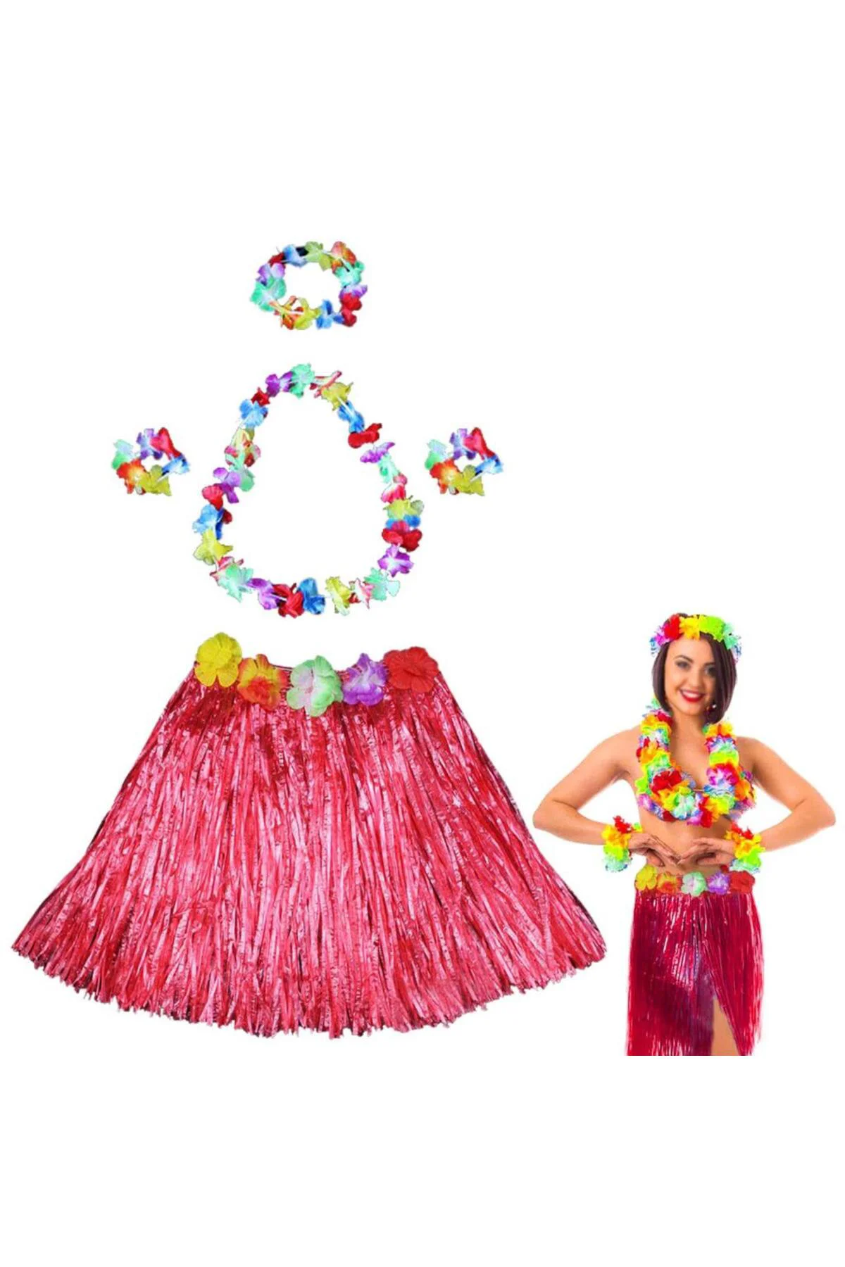 Hawaii Dans Kostümü – Kırmızı Hula Etek &amp; Çiçek Kolye Seti